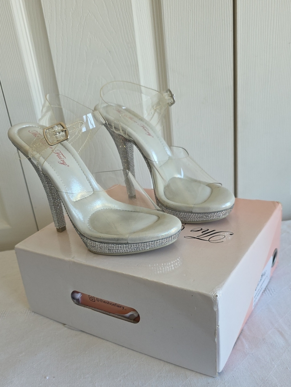 THE SHOE FAIRY Olympian Mule 2.0 Clear Strap Silver Rhinestone High Heel  SIZE 8